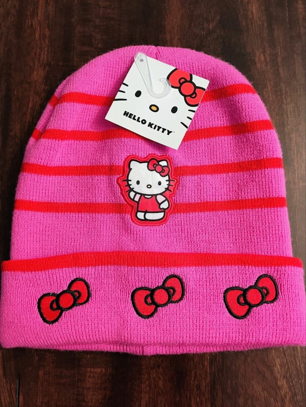 Sanrio Hello Kitty Pink and Red Striped Kids Beanie